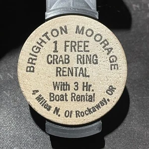 Rockaway, OR Brighton Moorage 1 Free Crab Ring Rental Token Wooden Nickel - Picture 1 of 2