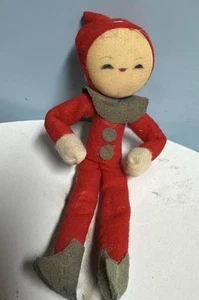 Vintage 50er Nylon Gesicht Filz Pixie Elfe Weihnachten Draht beweglich Japan rot Knie Umarmung - Bild 1 von 4