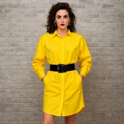 Vestido camisero amarillo de gran tamaño Norma Kamali M años 80 Power Dressing de colección Foto 1 de 4