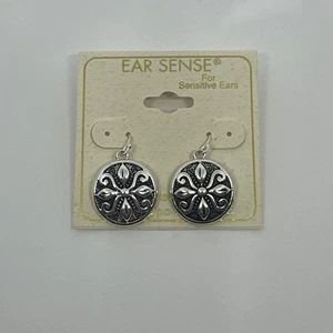 Ear Sense Silver Tone Round Flower Dangle Earrings Hypo-Allergenic Nickel Free - Picture 1 of 4