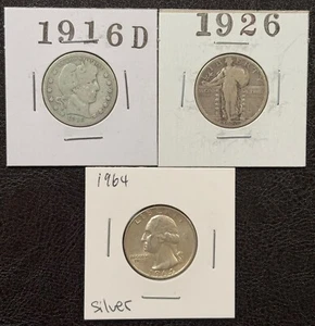 Lot of Three (3) 90% Silver Quarters - 1916D Barber, 1926 SL, & 1964 Washington - Picture 1 of 8