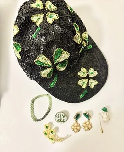 Luck of the Irish Shamrock Cap & Green Real Leaf Brooch —Vtg Earrings Bracelet - Picture 1 of 12