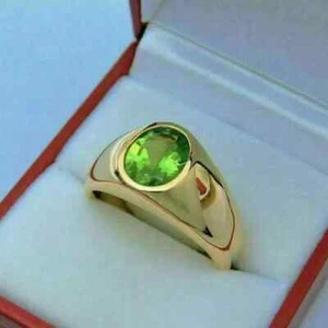 Green Peridot Lab-Created 3CT Oval Cut Ring Men's 14K Yellow Gold Plated Silver - Picture 1 of 3