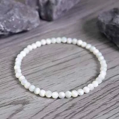 4mm Mother of Pearl Round Bead Chakra Healing Minimalist Woman Stretch Bracelet - Image 1 of 4