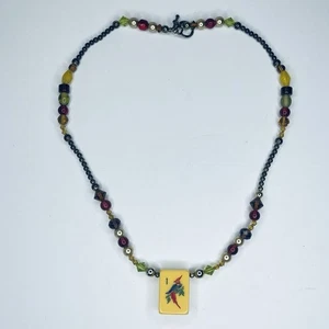 Vtg Art Deco Mod Bakelite Mahjong Tile Necklace Stained Glass Beads Handmade 24” - Picture 1 of 5