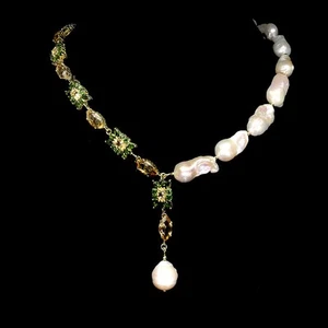925 Sterling Silver Necklace Marquise Citrine 14x7mm Pearl Gemstone Jewelry 17.5 - Picture 1 of 13