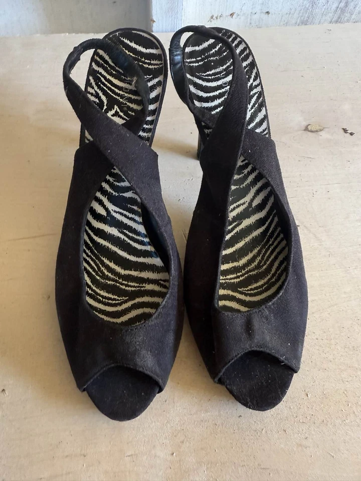 Women Black Suede Peep Toe Slingback Heels Zebra Print Insole - Image 1 of 1