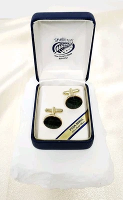 Par de gemelos Shellcraft chapados en oro de 22 quilates con incrustaciones de Paua Shell - Nuevos en caja Foto 1 de 4