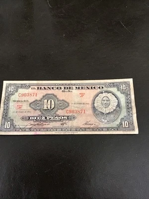 1961 Mexico 10 Pesos Banknote Tehuana Currency Mexican Paper Money - Image 1 of 2