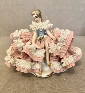 Seated Woman In Pink Lace Dress W/ White Trim - Porcelain Small Dresden Figurine - Picture 1 of 5