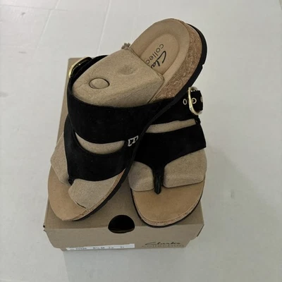 Clarks Women's Reileigh Park Sandals Black Nubuck with Gold Tone Buckles  6 1/2M - Image 1 of 4