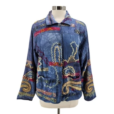 Vintage Norm Thompson Womens Large Jacket Patch Work Embroidered Tie Dye Blue - Image 1 of 4
