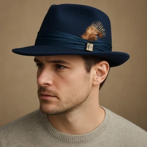 Stacy Adams Wool Fedora Hat with Feather Accent | Size L | Dark Navy Blue - Imagen 1 de 8