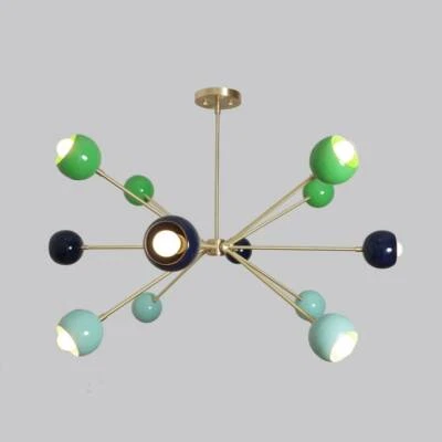 Mid century Brass 12 Arms Eyeball Shades Colorful Sputnik Chandelier - Image 1 of 4