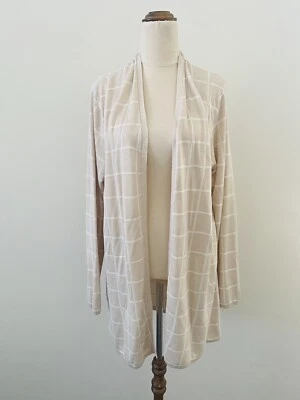 Maggie T Cardigan Size L Beige White Check Long Sleeve Knit Draped Mid Length - image 1 of 4