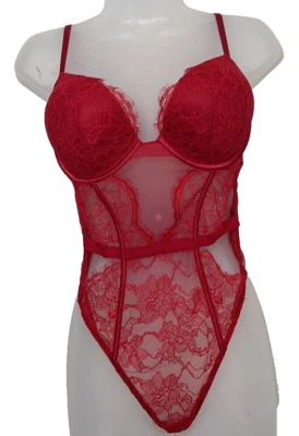 VICTORIA'S SECRET SEXY BOMBSHELL ADDS 2 CUP LACE TEDDY BODYSUIT THONG PUSH UP M - Image 1 of 4