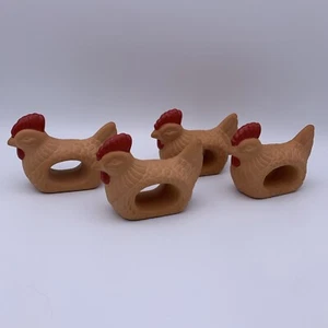 Vintage Terrakotta Huhn Serviettenringe Halter 4er Set rot lackiert Detail Taiwan - Bild 1 von 12