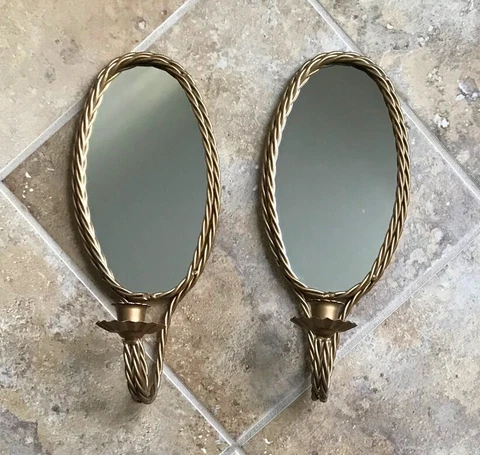2 Oval Mirror Vintage Homco Twisted Gold Rope Metal Wall Sconce Candle Holders Cover