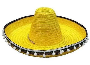 SOMBRERO DE PAJA SOMBRERO MEXICANO GRANDE COLOR AMARILLO CON BORLAS México Gorra nuevo - Imagen 1 de 1