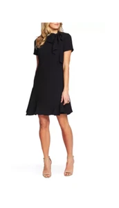 $129 CeCe Women's Black Bow Neck Short Sleeve A-Line Dress Size 6 - Picture 1 of 4
