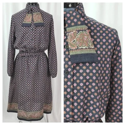 Vintage Jones Dark Grey Shirt Dress w Pink & Red Pattern & Border Trim Size 16 - Image 1 of 4