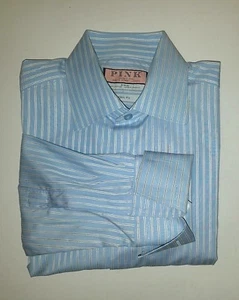 Thomas PINK Blue/Beige Stripe Darted French Cuff Dress Shirt Sz. US 15-Slim Fit - Picture 1 of 3