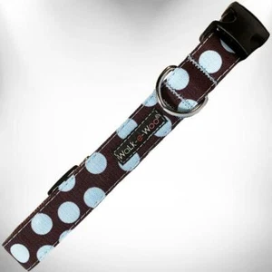 Walk-e-Woo Blue Polka Dot on Brown Printed Nylon Dog Collar - Picture 1 of 1