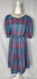 Vintage Womens Dress Small Tartan Plaid Puff Sleeve Lace Collar Academia School - Picture 1 of 20