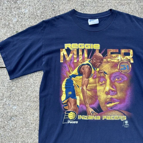 Men'sVintage 90s Reggie Miller Indiana Pacers Blue Graphic T Shirt size L Cover