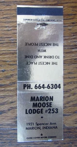 MOOSE LODGE #253 CUBIERTA DE MATCHBOOK: MARION, INDIANA VACÍA AÑOS 70 PORTADA -A9 - Imagen 1 de 1