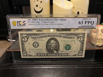  1988a $5 Dollar Bill Non Star Federal Reserve Note Atlanta PCGS CU 63 PPQ - Image 1 of 2