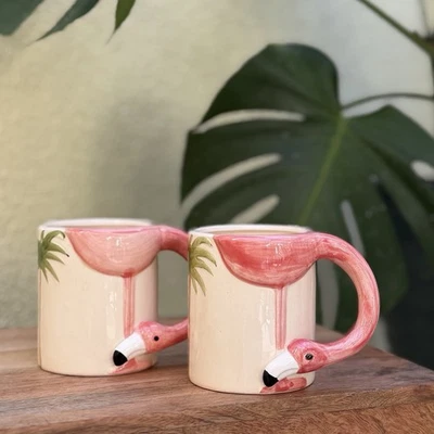 Vtg 1956 Vandor Pink Flamingo & Palm Tree Coffee Tea Mug Set Kitsch Tiki Ceramic - Image 1 of 4