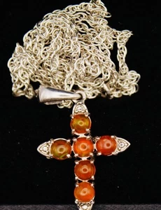 Orange Ethiopian Opal (Rnd) Cross Pendant & Chain In Platinum Overlayed Silver - Picture 1 of 21