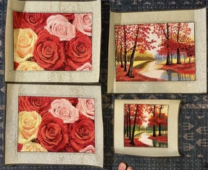 Chinese Hand Embroidered Silk Suzhou Wall Art Set Of 4 Roses & Red Maple Forest - Picture 1 of 7