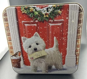 Winter Westie Tin Empty Tesco Biscuit Tin West Highland Terrier & Robin - Picture 1 of 4