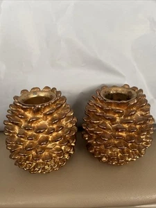 Dept. 56 Vintage Gold Tone Heavy Metal Pinecone Taper Candleholders Set Of 2 - Picture 1 of 8