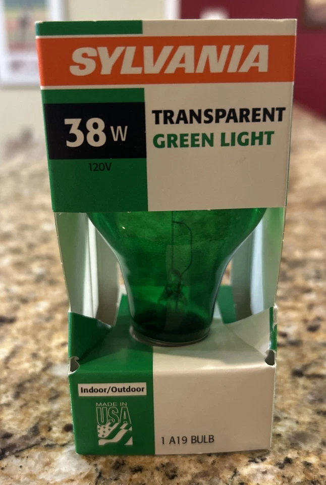 Sylvania 1 A19 Transparent Green Light 38w 120v Indoor/Outdoor bulb - Image 1 of 3