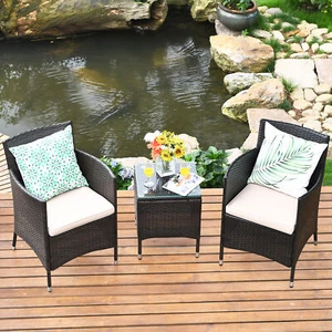 3PCS Patio Rattan Chair & Table Furniture Set Outdoor w/ Beige Cushion - Picture 1 of 10