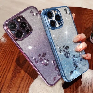 Glitzer Flower Shockproof Case For iPhone 15 14 13 12 Pro Max 11 Plating Cover - Picture 1 of 19
