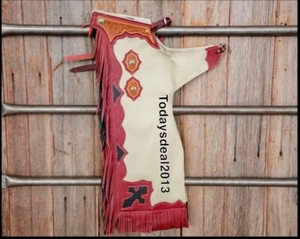 Rodeo Western Black Top Grano Cuero Toro Riding Chaps: 6511 Blanco y Rojo - Imagen 1 de 1