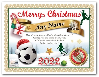 CERTIFICADO DE NAVIDAD PERSONALIZADO - Pelota de Fútbol Jugador Amante de los Deportes GRAN REGALO Foto 1 de 2