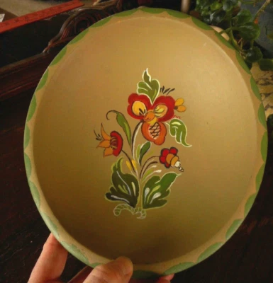 bowl shallow dish Wood Hand Painted Folk Art Floral Flowers 9" Diam Round - Image 1 of 4