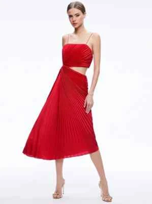 NWD ALICE+OLIVIA FAYETH Cut Out ASYMMETRICAL Pleated Midi Dress Sz 2 red #2J464 - Image 1 of 4
