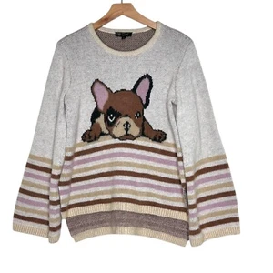 DG2 Diane Gilman Womens S French Bulldog Bell Sleeve Fuzzy Knit Sweater Dog Cozy - Picture 1 of 10
