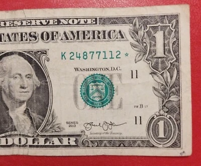 $1 One Dollar STAR NOTE Serial Number K24877112*  Series 2013 - Image 1 of 4