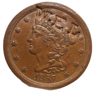 1855 AU BRAIDED HAIR HALF CENT 1/2 CENT COUNTER STAMPED W. EL (55,000 minted) - Picture 1 of 5