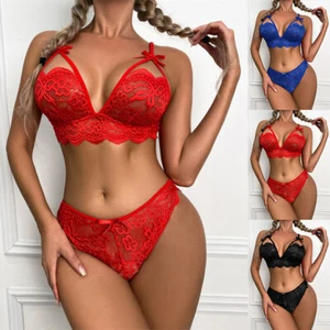 Womens Sexy Lace Bra Bralet G-String Thong Sets Lingerie Underwear Sleepwear Pjs - Picture 1 of 26