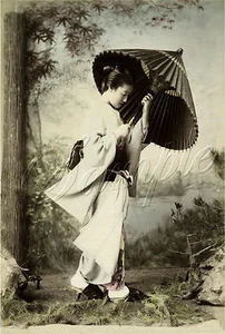 GEISHA GIRL PRINT JAPANESE UMBRELLA ASIAN TINT PHOTOGRAPH VINTAGE CANVAS ART   - Bild 1 von 2