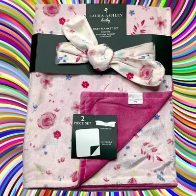 NEW Laura Ashley Floral Flowers Baby Blanket & Headband 2 Piece Set Mink Minky - Image 1 of 4
