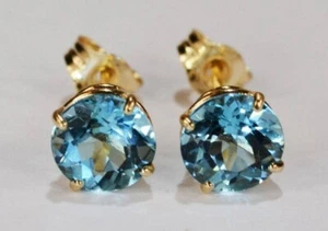 6mm Simulate London Blue Topaz Women 4 Prong Stud Earring 14k Yellow Gold Plated - Picture 1 of 6